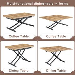 Table and chair set.Modern Multifunctional Lifting Platform,Natural Wood Grain Sticker MDF Desktop, Black Metal Legs.Paired with 4 Warm Gray Artificial PU Chairs With Curved Widened Cushion Design.