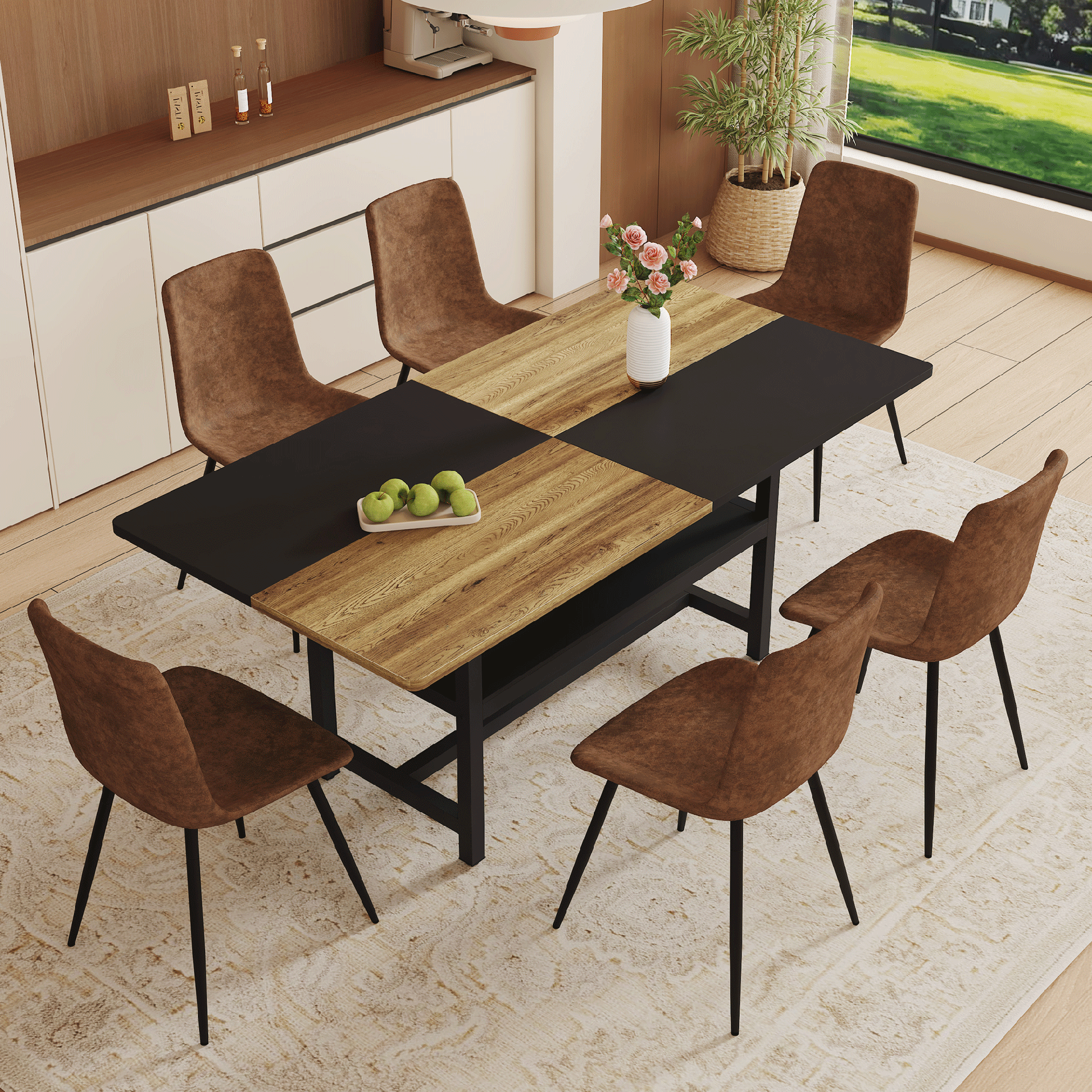 Table and chair set.71*35.4 inch Wooden And Black Spliced Dining Table With Storage Function In The Middle Of The Table Legs.Paired With 6 Technology-Fabric Brown Chairs With Curved Widened Cushion.