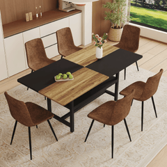 Table and chair set.71*35.4 inch Wooden And Black Spliced Dining Table With Storage Function In The Middle Of The Table Legs.Paired With 6 Technology-Fabric Brown Chairs With Curved Widened Cushion.