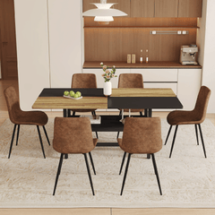 Table and chair set.71*35.4 inch Wooden And Black Spliced Dining Table With Storage Function In The Middle Of The Table Legs.Paired With 6 Technology-Fabric Brown Chairs With Curved Widened Cushion.