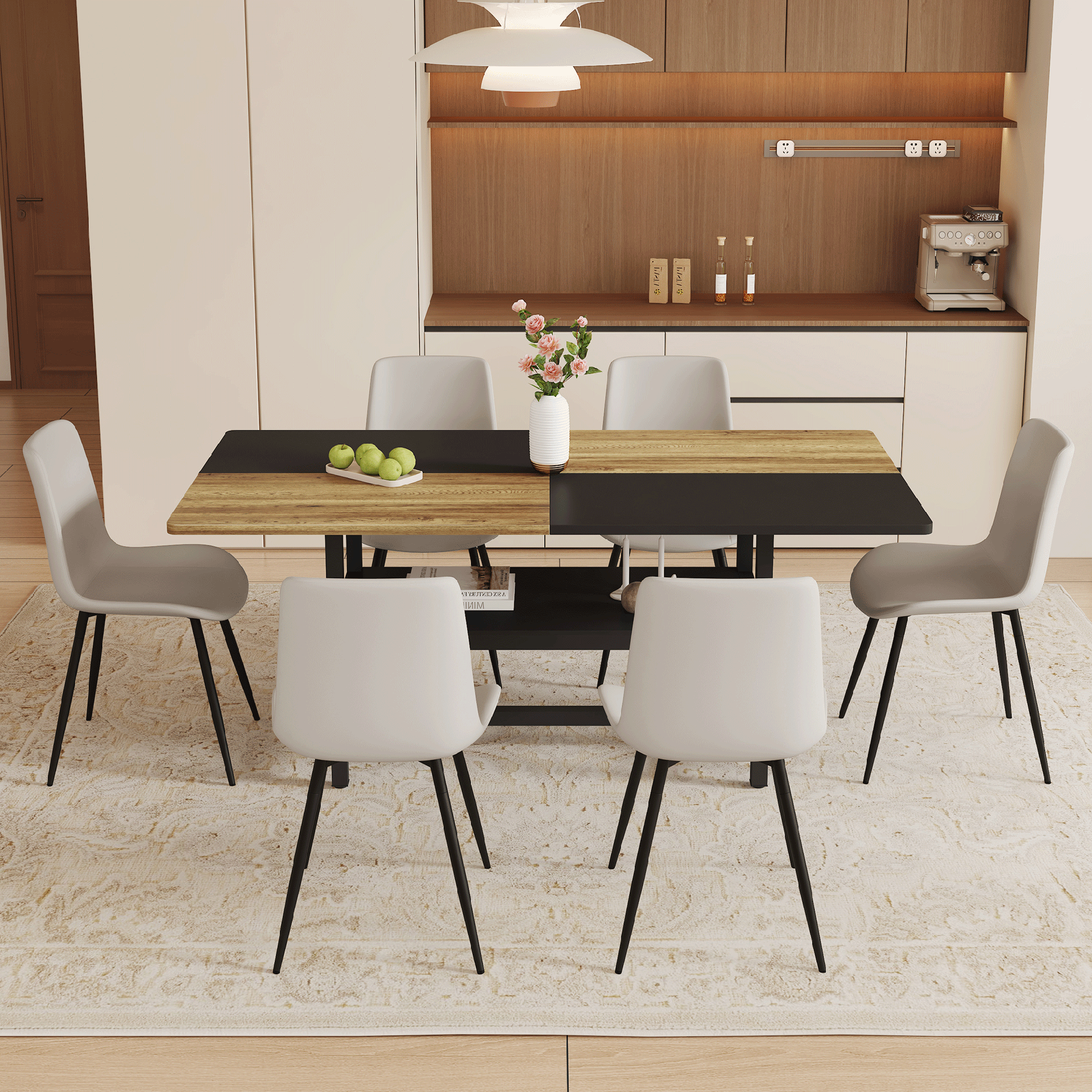 Table and chair set.71*35.4 inch Wooden And Black Spliced Dining Table With Storage Function In The Middle Of The Table Legs.Paired With 6 Warm Light Gray PU Chairs With Curved Widened Cushion Design.