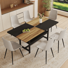 Table and chair set.71*35.4 inch Wooden And Black Spliced Dining Table With Storage Function In The Middle Of The Table Legs.Paired With 6 Warm Light Gray PU Chairs With Curved Widened Cushion Design.