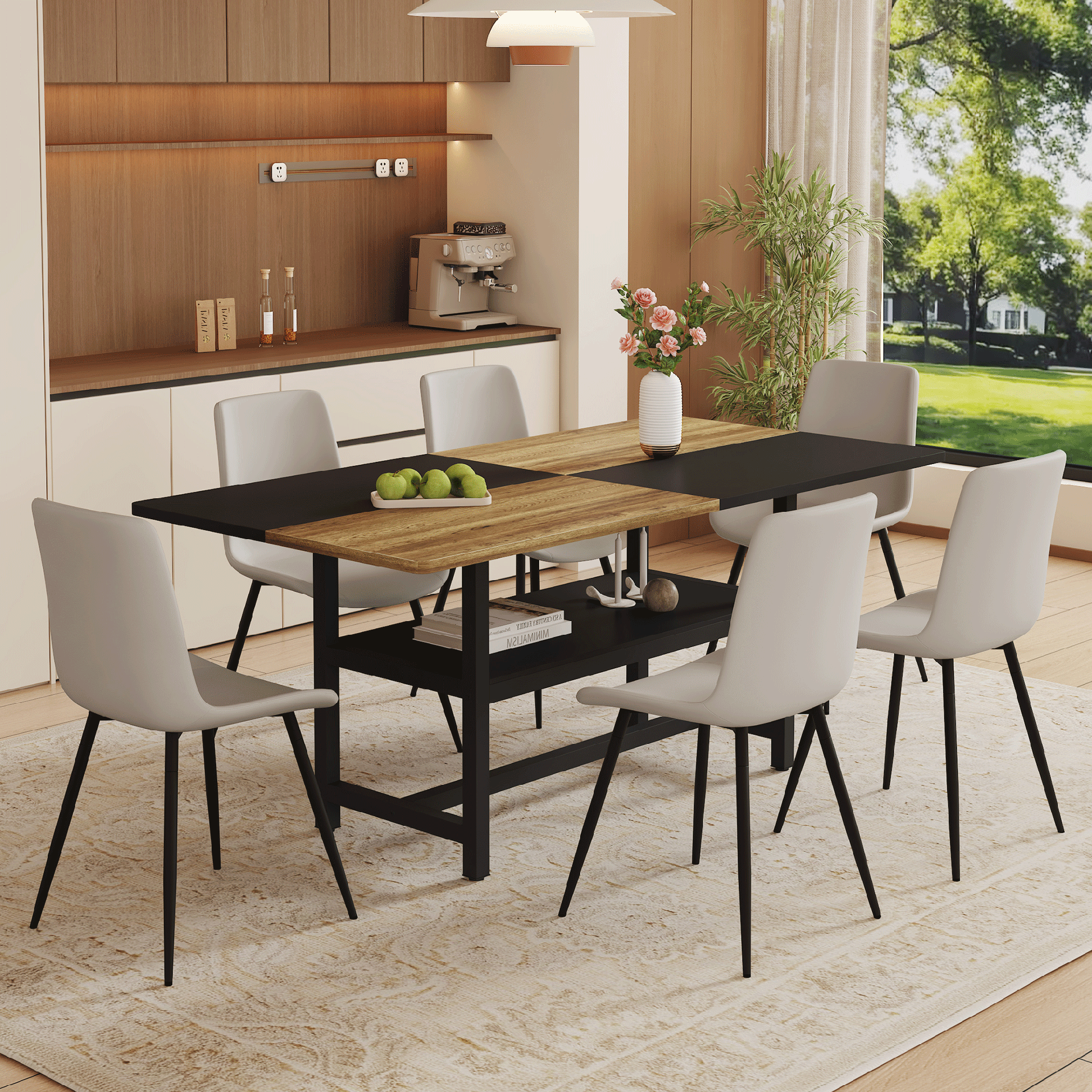 Table and chair set.71*35.4 inch Wooden And Black Spliced Dining Table With Storage Function In The Middle Of The Table Legs.Paired With 6 Warm Light Gray PU Chairs With Curved Widened Cushion Design.