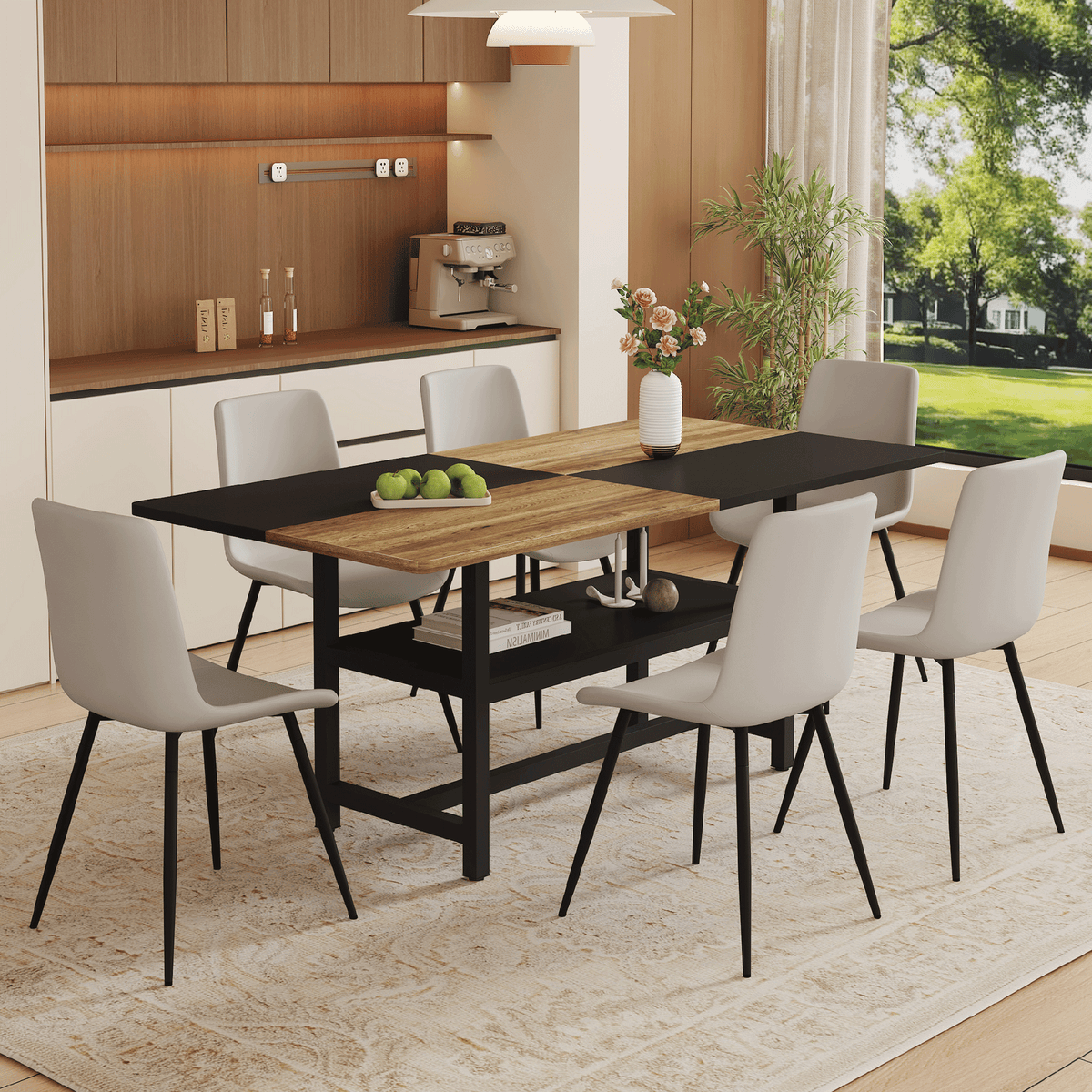 Table and chair set.71*35.4 inch Wooden And Black Spliced Dining Table With Storage Function In The Middle Of The Table Legs.Paired With 6 Warm Light Gray PU Chairs With Curved Widened Cushion Design.