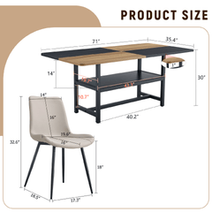 Table and chair set.71*35.4 inch Wooden And Black Spliced Dining Table With Storage Function In The Middle Of The Table Legs.Paired With 6 Warm Light Gray PU Chairs With Curved Widened Cushion Design.