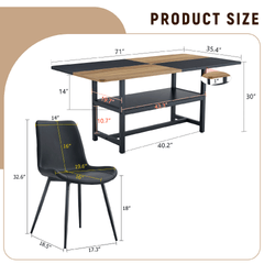 Table and chair set.71*35.4 inch Wooden And Black Spliced Dining Table With Storage Function In The Middle Of The Table Legs.Paired With 6 Black Artificial PU Chairs With Curved Widened Cushion Design