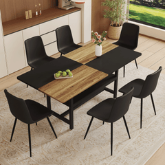 Table and chair set.71*35.4 inch Wooden And Black Spliced Dining Table With Storage Function In The Middle Of The Table Legs.Paired With 6 Black Artificial PU Chairs With Curved Widened Cushion Design