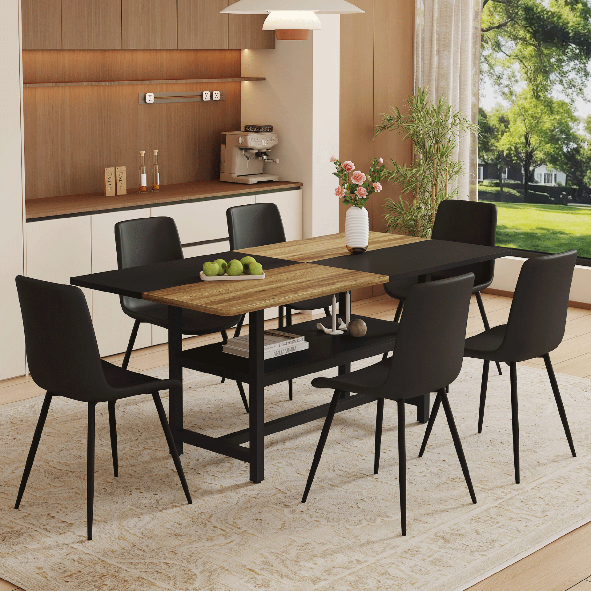Table and chair set.71*35.4 inch Wooden And Black Spliced Dining Table With Storage Function In The Middle Of The Table Legs.Paired With 6 Black Artificial PU Chairs With Curved Widened Cushion Design