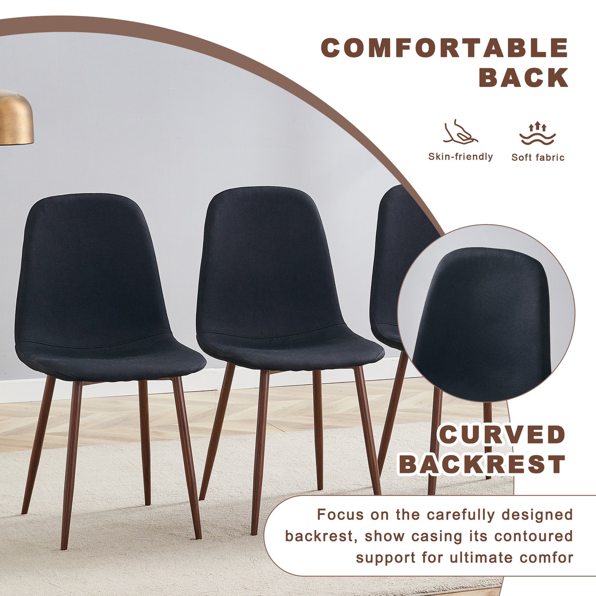 Table and chair set.Modern Multifunctional Lifting Platform,Natural Wood Grain Sticker MDF Desktop, Black Metal Legs.Paired with 4 Black Linen-Cotton Material High Resilience Dining Chairs.