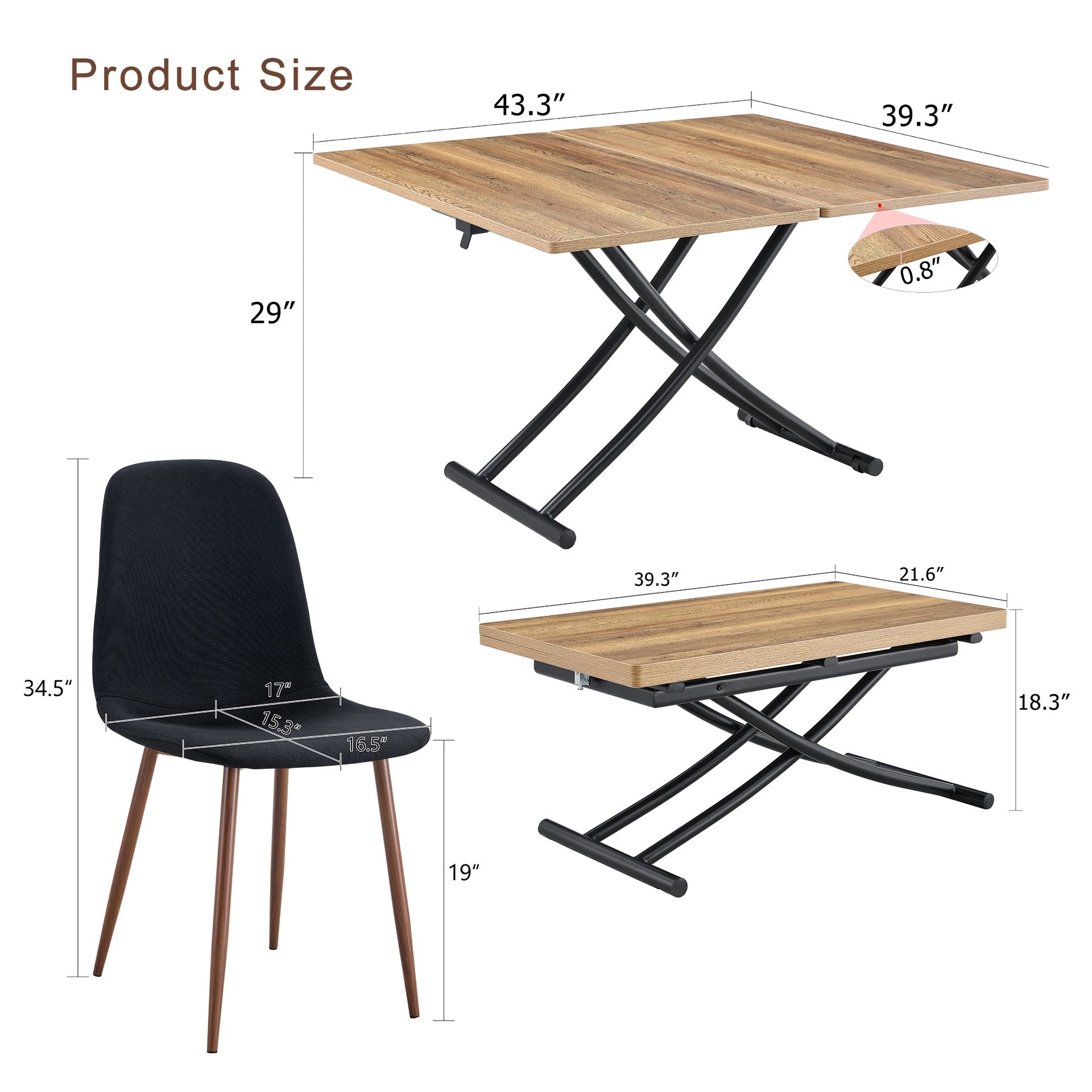 Table and chair set.Modern Multifunctional Lifting Platform,Natural Wood Grain Sticker MDF Desktop, Black Metal Legs.Paired with 4 Black Linen-Cotton Material High Resilience Dining Chairs.