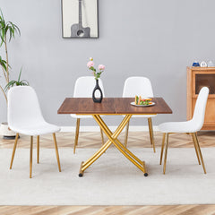 Table and chair set. Modern multifunctional lifting platform, wood textured sticker MDF desktop, gold metal legs. Paired with four white dining chairs made of linen fabric.