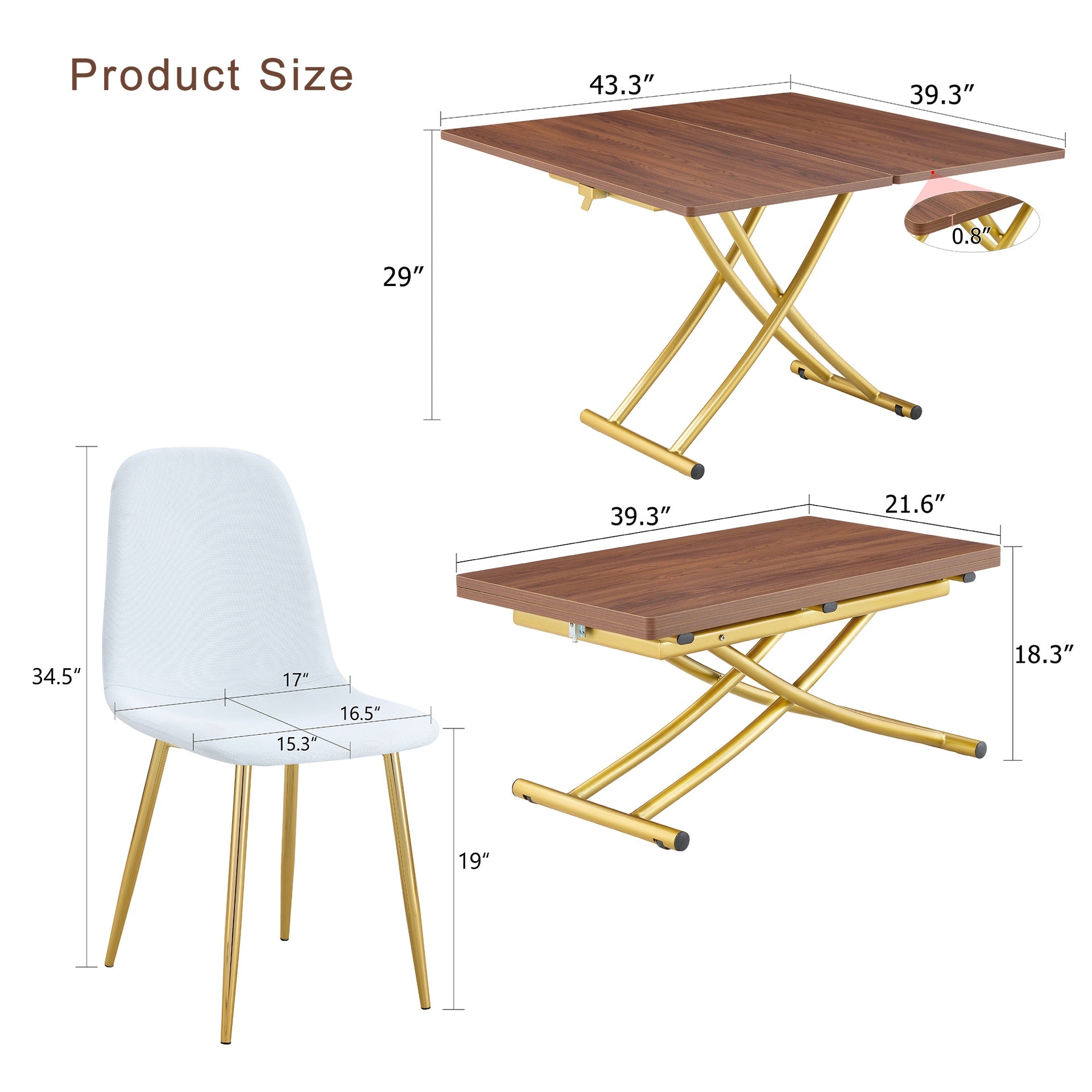 Table and chair set. Modern multifunctional lifting platform, wood textured sticker MDF desktop, gold metal legs. Paired with four white dining chairs made of linen fabric.