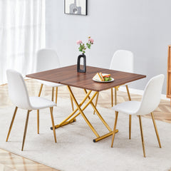 Table and chair set. Modern multifunctional lifting platform, wood textured sticker MDF desktop, gold metal legs. Paired with four white dining chairs made of linen fabric.