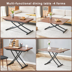 Table and chair set.Modern Multifunctional Lifting Platform,Walnut Wood Grain Sticker MDF Desktop, Black Metal Legs.Paired With 4 Black Linen-Cotton Material High Resilience Dining Chairs.