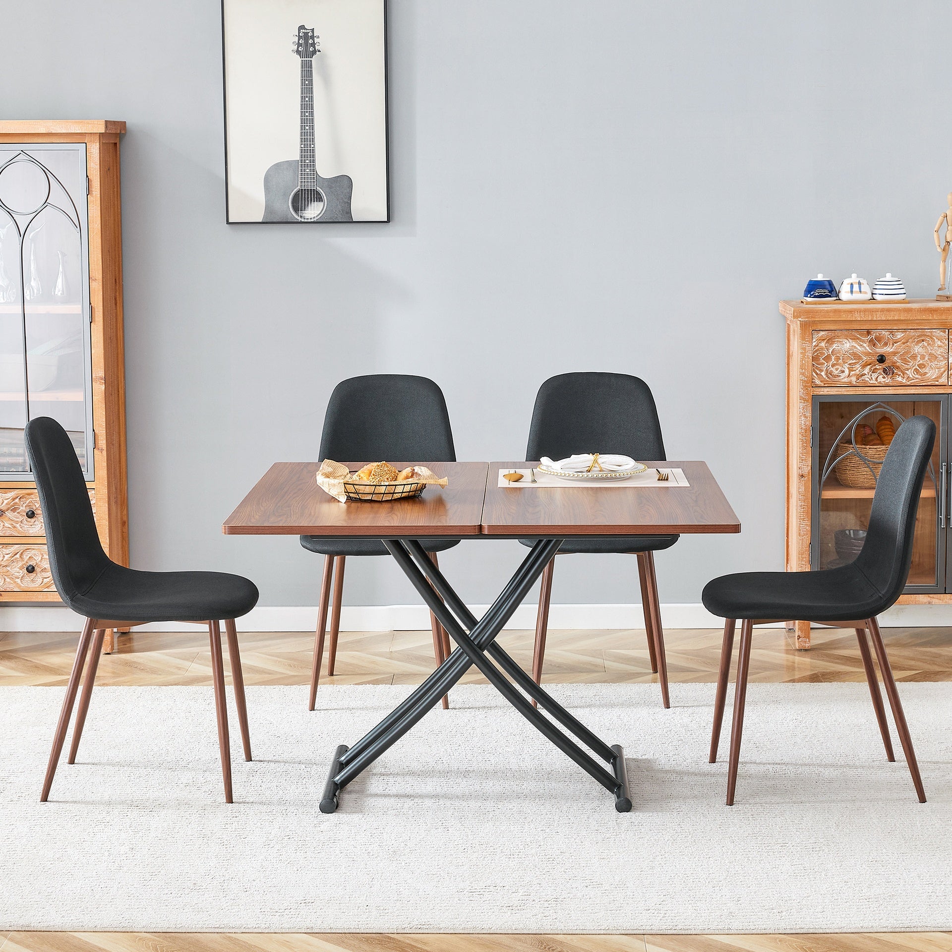 Table and chair set.Modern Multifunctional Lifting Platform,Walnut Wood Grain Sticker MDF Desktop, Black Metal Legs.Paired With 4 Black Linen-Cotton Material High Resilience Dining Chairs.