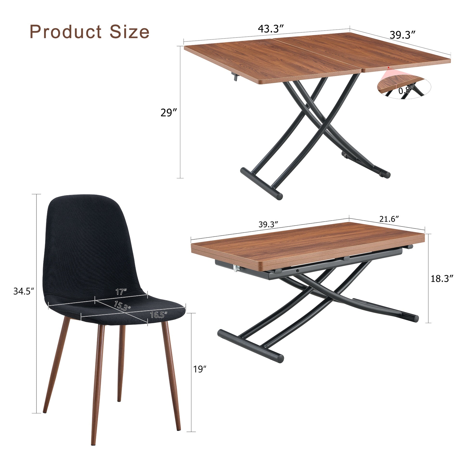Table and chair set.Modern Multifunctional Lifting Platform,Walnut Wood Grain Sticker MDF Desktop, Black Metal Legs.Paired With 4 Black Linen-Cotton Material High Resilience Dining Chairs.