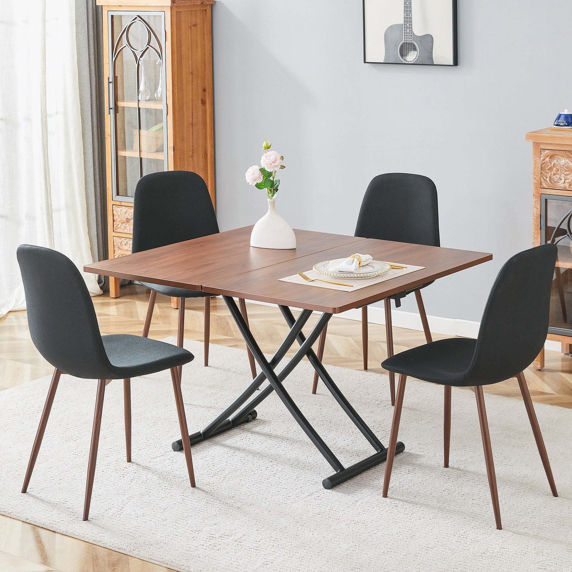 Table and chair set.Modern Multifunctional Lifting Platform,Walnut Wood Grain Sticker MDF Desktop, Black Metal Legs.Paired With 4 Black Linen-Cotton Material High Resilience Dining Chairs.