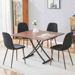 Table and chair set.Modern Multifunctional Lifting Platform,Walnut Wood Grain Sticker MDF Desktop, Black Metal Legs.Paired With 4 Black Linen-Cotton Material High Resilience Dining Chairs.