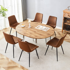 Table and chair set.With a Expandable mechanism,the Wood Grain MDF table top and silver metal legs and has a smooth surface.Paried With 6 Tech-Fabric Brown Chairs With Curved Widened Cushion Design.