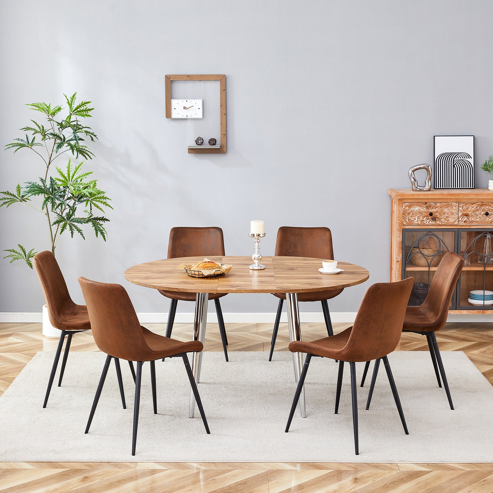 Table and chair set.With a Expandable mechanism,the Wood Grain MDF table top and silver metal legs and has a smooth surface.Paried With 6 Tech-Fabric Brown Chairs With Curved Widened Cushion Design.