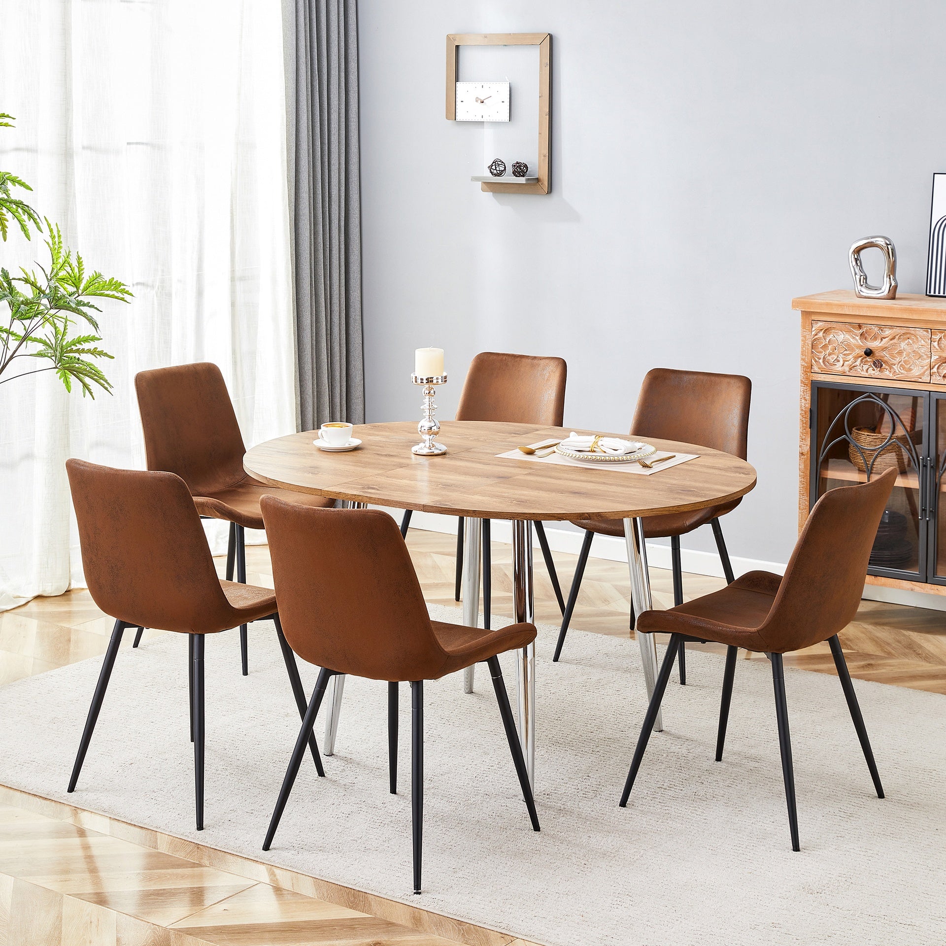 Table and chair set.With a Expandable mechanism,the Wood Grain MDF table top and silver metal legs and has a smooth surface.Paried With 6 Tech-Fabric Brown Chairs With Curved Widened Cushion Design.