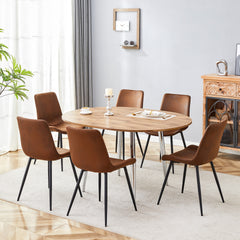 Table and chair set.With a Expandable mechanism,the Wood Grain MDF table top and silver metal legs and has a smooth surface.Paried With 6 Tech-Fabric Brown Chairs With Curved Widened Cushion Design.