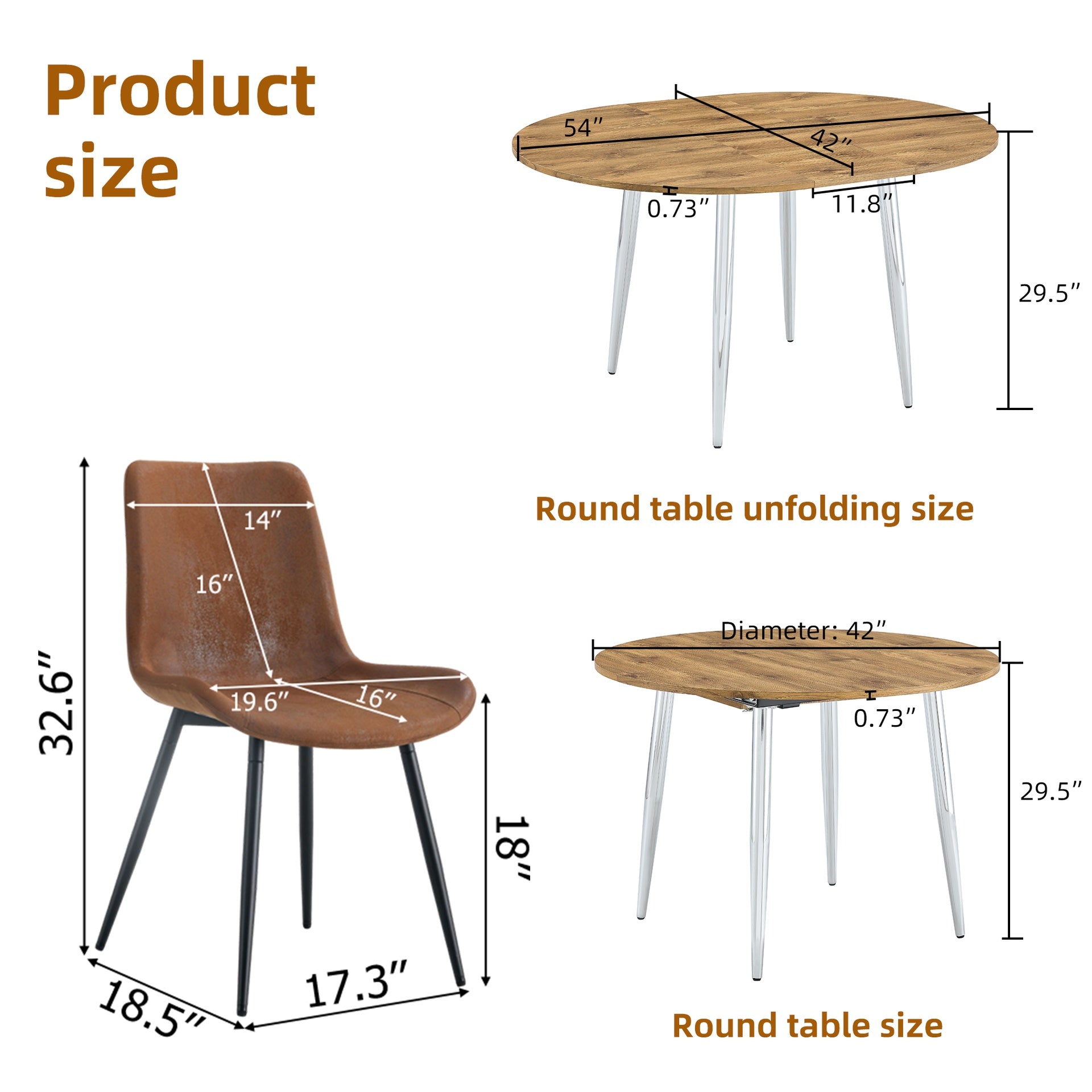 Table and chair set.With a Expandable mechanism,the Wood Grain MDF table top and silver metal legs and has a smooth surface.Paried With 6 Tech-Fabric Brown Chairs With Curved Widened Cushion Design.
