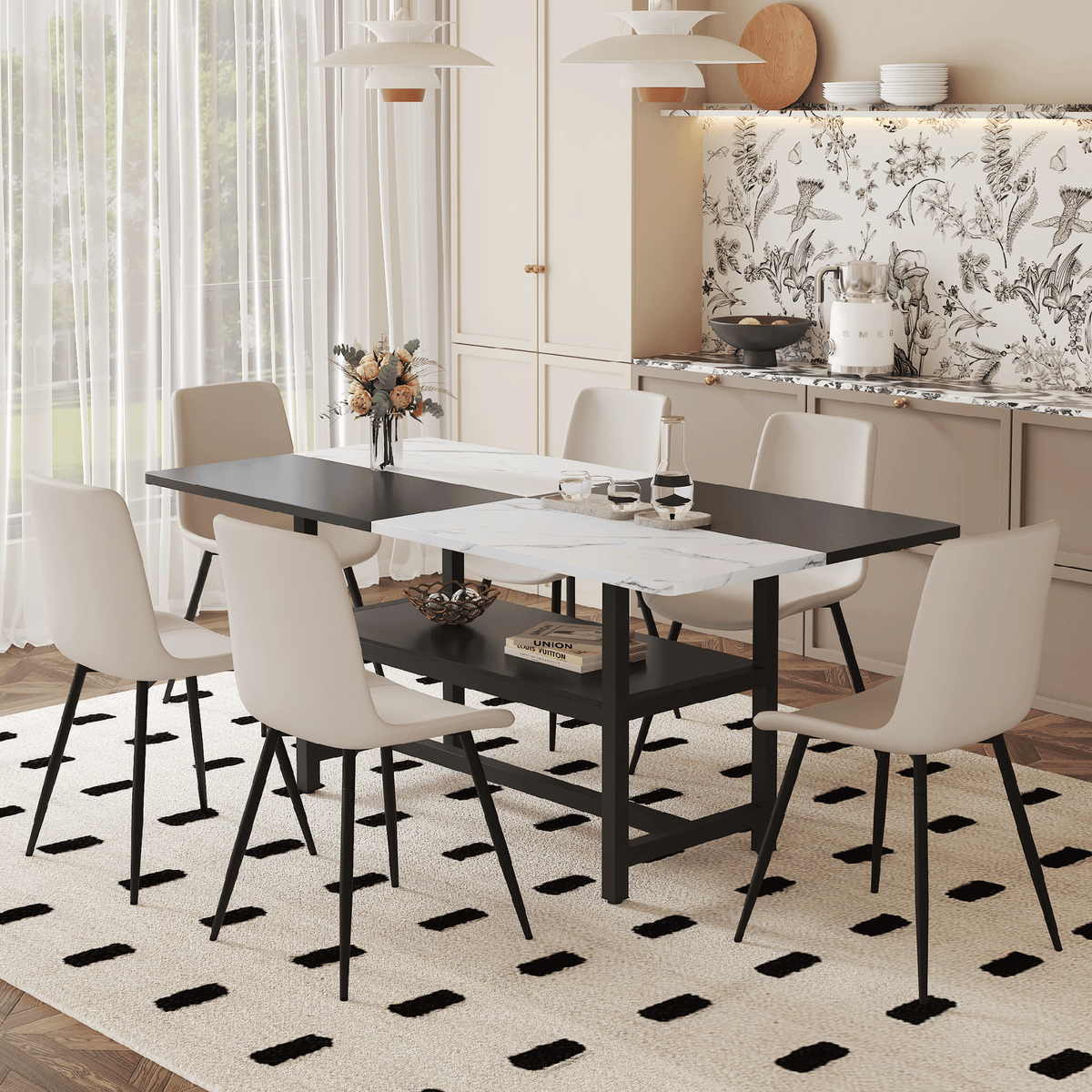 Table and chair set.71*35.4 inch White And Black Spliced Dining Table With Storage Function In The Middle Of The Table Legs.Paired With 6 Warm Light Gray PU Chairs With Curved Widened Cushion Design.