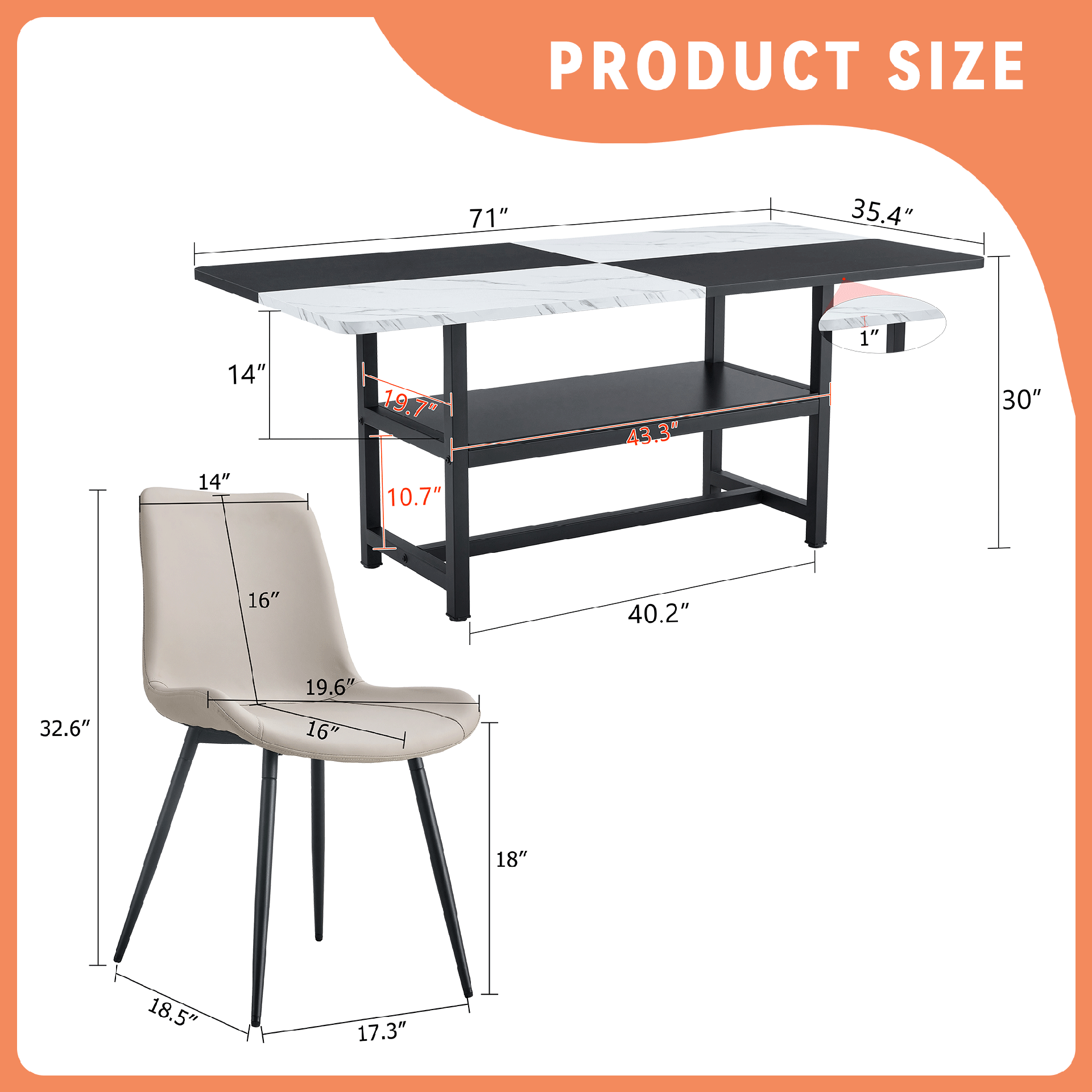 Table and chair set.71*35.4 inch White And Black Spliced Dining Table With Storage Function In The Middle Of The Table Legs.Paired With 6 Warm Light Gray PU Chairs With Curved Widened Cushion Design.