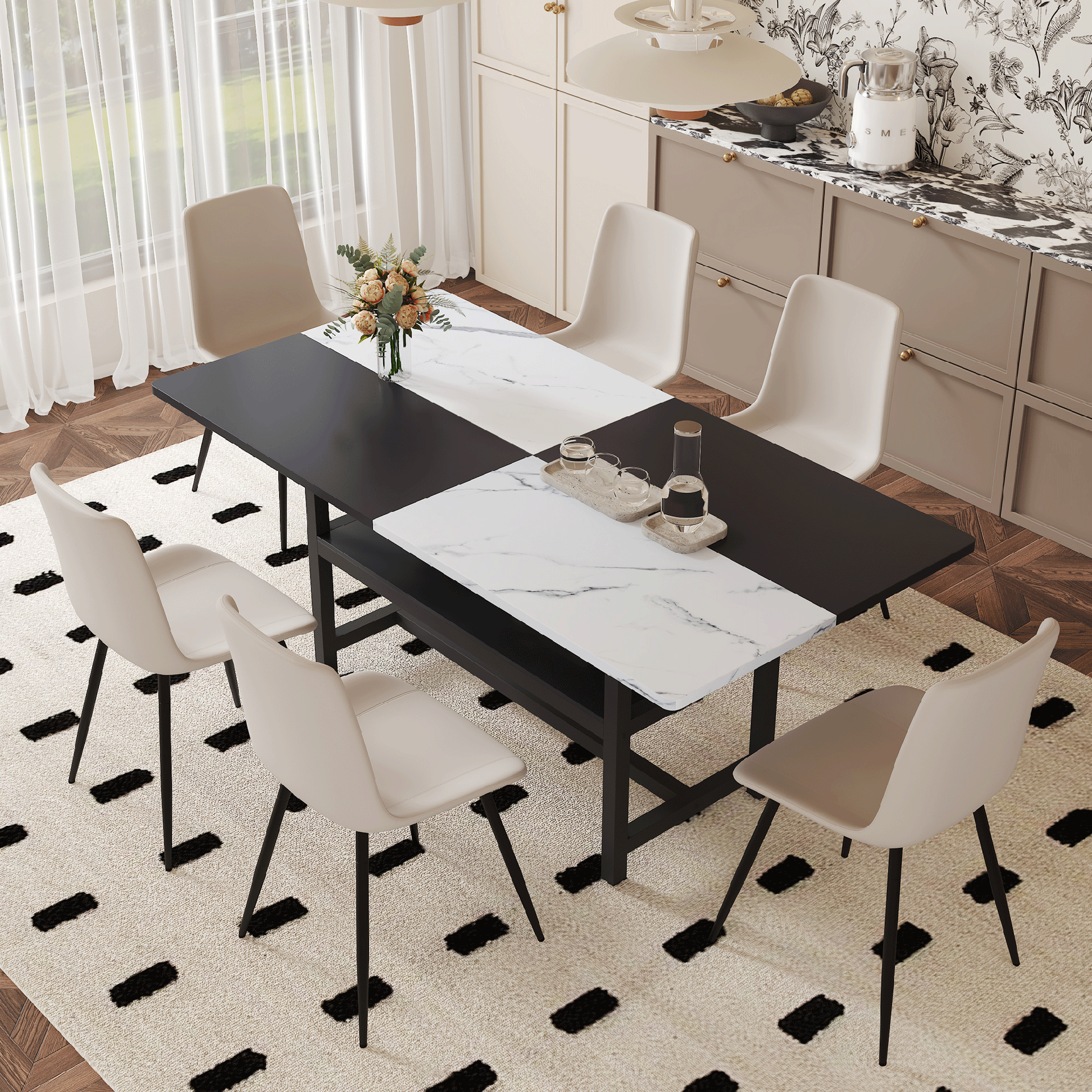 Table and chair set.71*35.4 inch White And Black Spliced Dining Table With Storage Function In The Middle Of The Table Legs.Paired With 6 Warm Light Gray PU Chairs With Curved Widened Cushion Design.