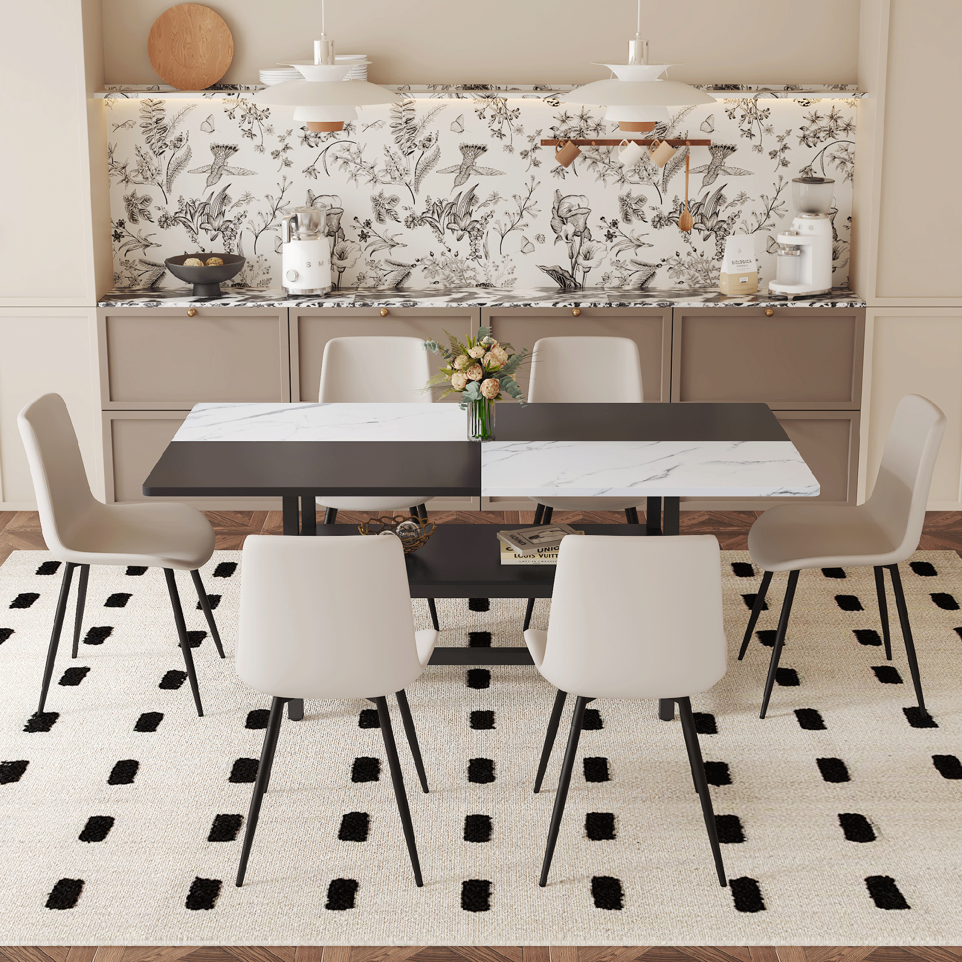 Table and chair set.71*35.4 inch White And Black Spliced Dining Table With Storage Function In The Middle Of The Table Legs.Paired With 6 Warm Light Gray PU Chairs With Curved Widened Cushion Design.
