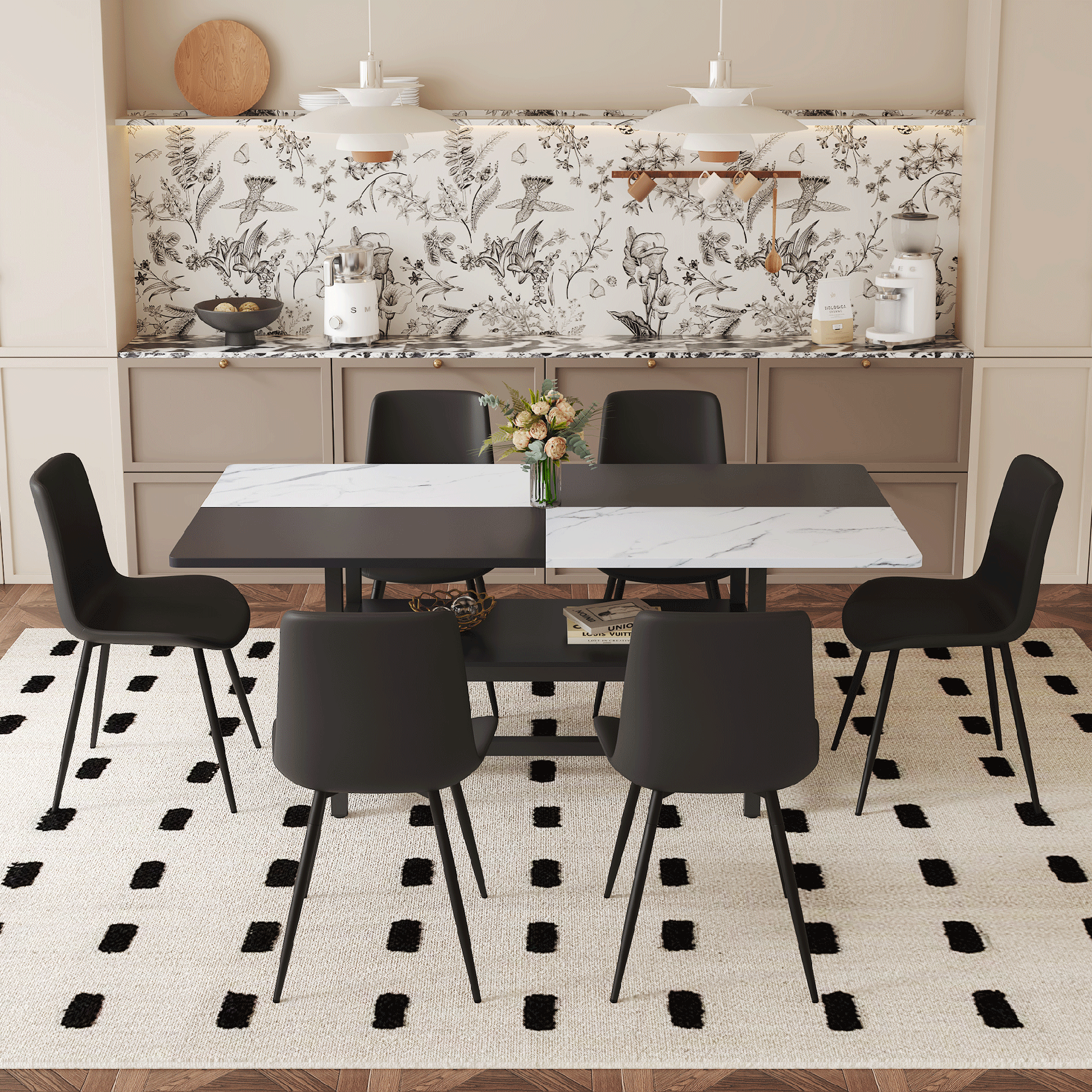 Table and chair set.71*35.4 inch White And Black Spliced Dining Table With Storage Function In The Middle Of The Table Legs.Paired With 6 Black Artificial PU Chairs With Curved Widened Cushion Design.