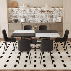Table and chair set.71*35.4 inch White And Black Spliced Dining Table With Storage Function In The Middle Of The Table Legs.Paired With 6 Black Artificial PU Chairs With Curved Widened Cushion Design.