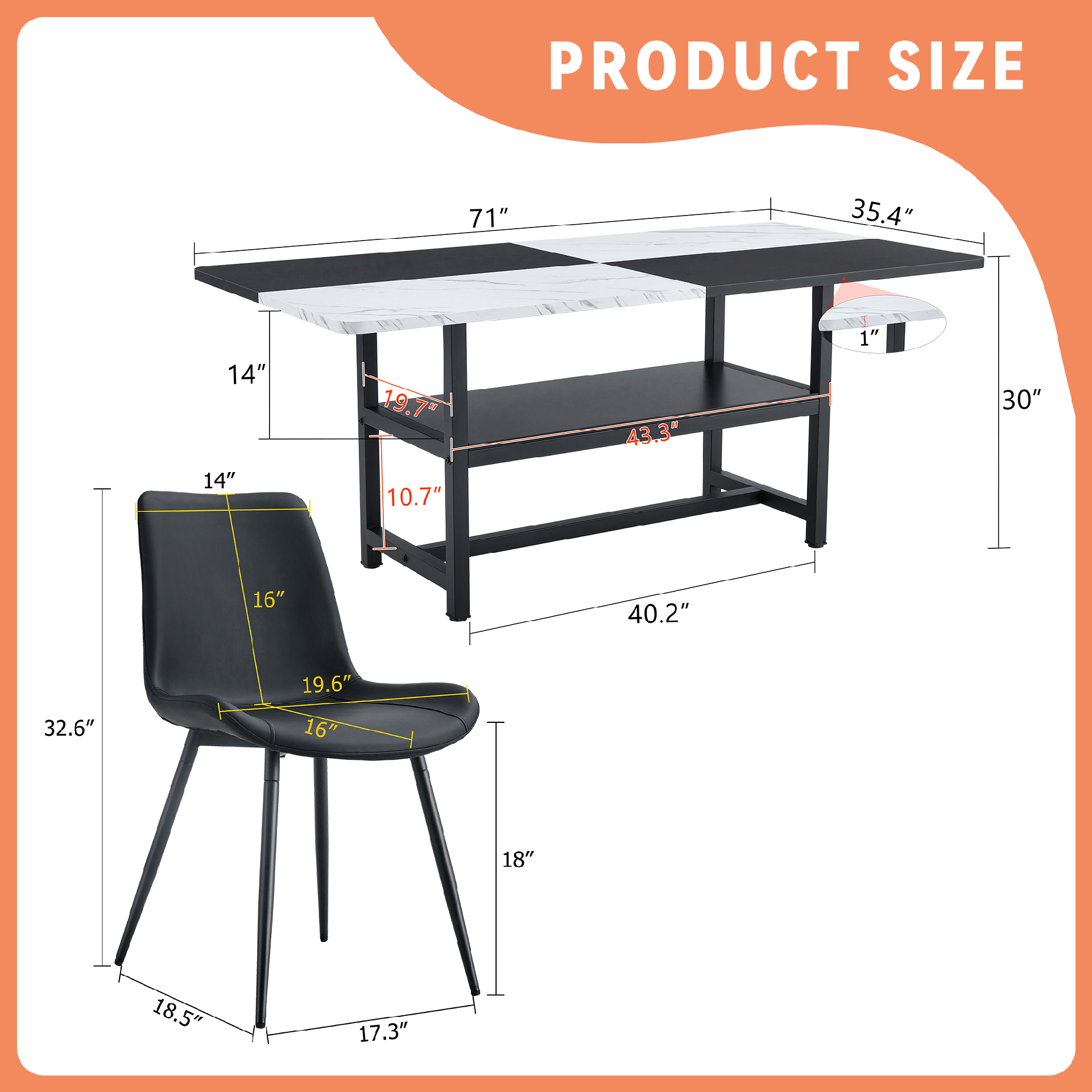 Table and chair set.71*35.4 inch White And Black Spliced Dining Table With Storage Function In The Middle Of The Table Legs.Paired With 6 Black Artificial PU Chairs With Curved Widened Cushion Design.