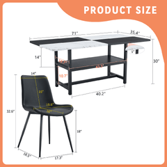 Table and chair set.71*35.4 inch White And Black Spliced Dining Table With Storage Function In The Middle Of The Table Legs.Paired With 6 Black Artificial PU Chairs With Curved Widened Cushion Design.