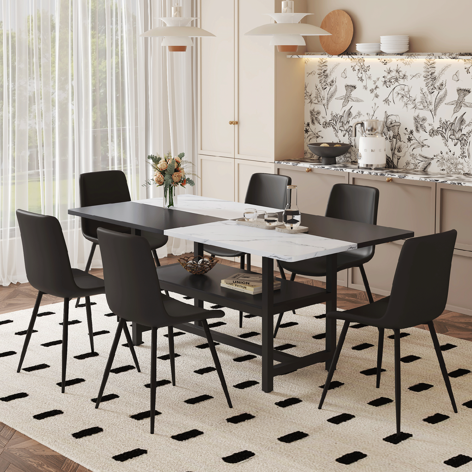 Table and chair set.71*35.4 inch White And Black Spliced Dining Table With Storage Function In The Middle Of The Table Legs.Paired With 6 Black Artificial PU Chairs With Curved Widened Cushion Design.