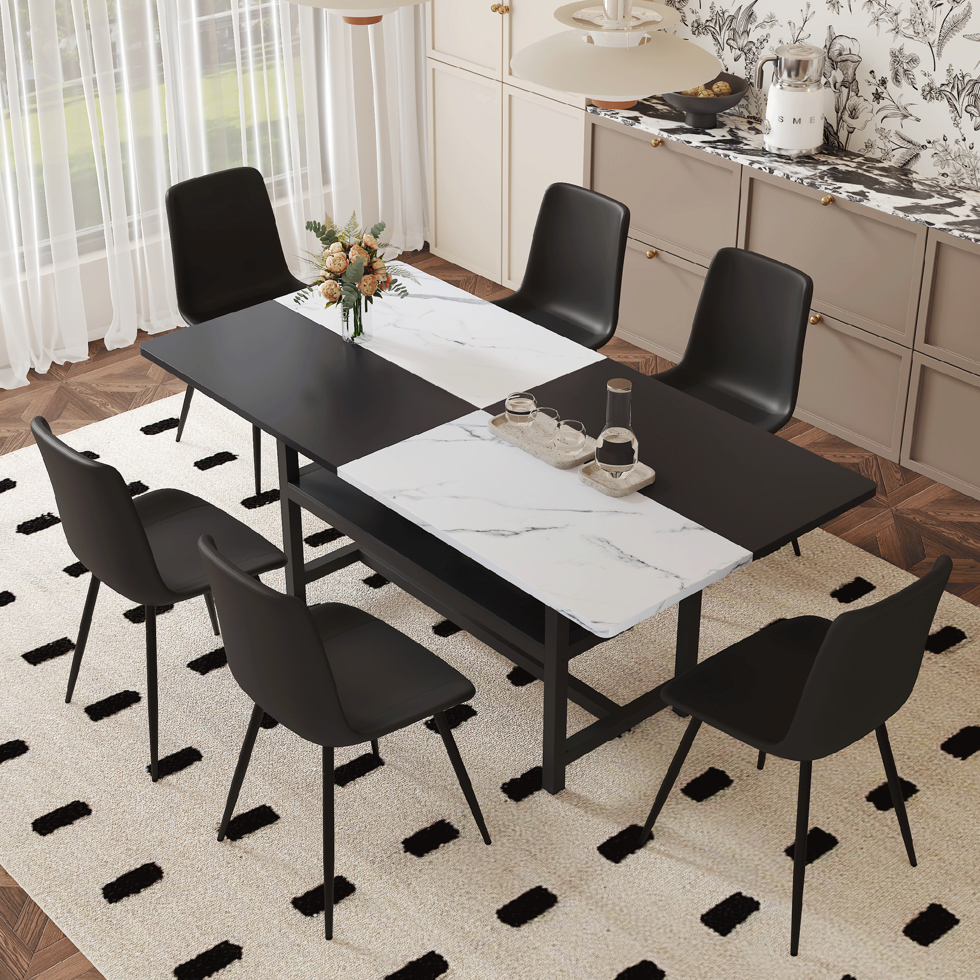 Table and chair set.71*35.4 inch White And Black Spliced Dining Table With Storage Function In The Middle Of The Table Legs.Paired With 6 Black Artificial PU Chairs With Curved Widened Cushion Design.
