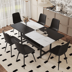 Table and chair set.71*35.4 inch White And Black Spliced Dining Table With Storage Function In The Middle Of The Table Legs.Paired With 6 Black Artificial PU Chairs With Curved Widened Cushion Design.