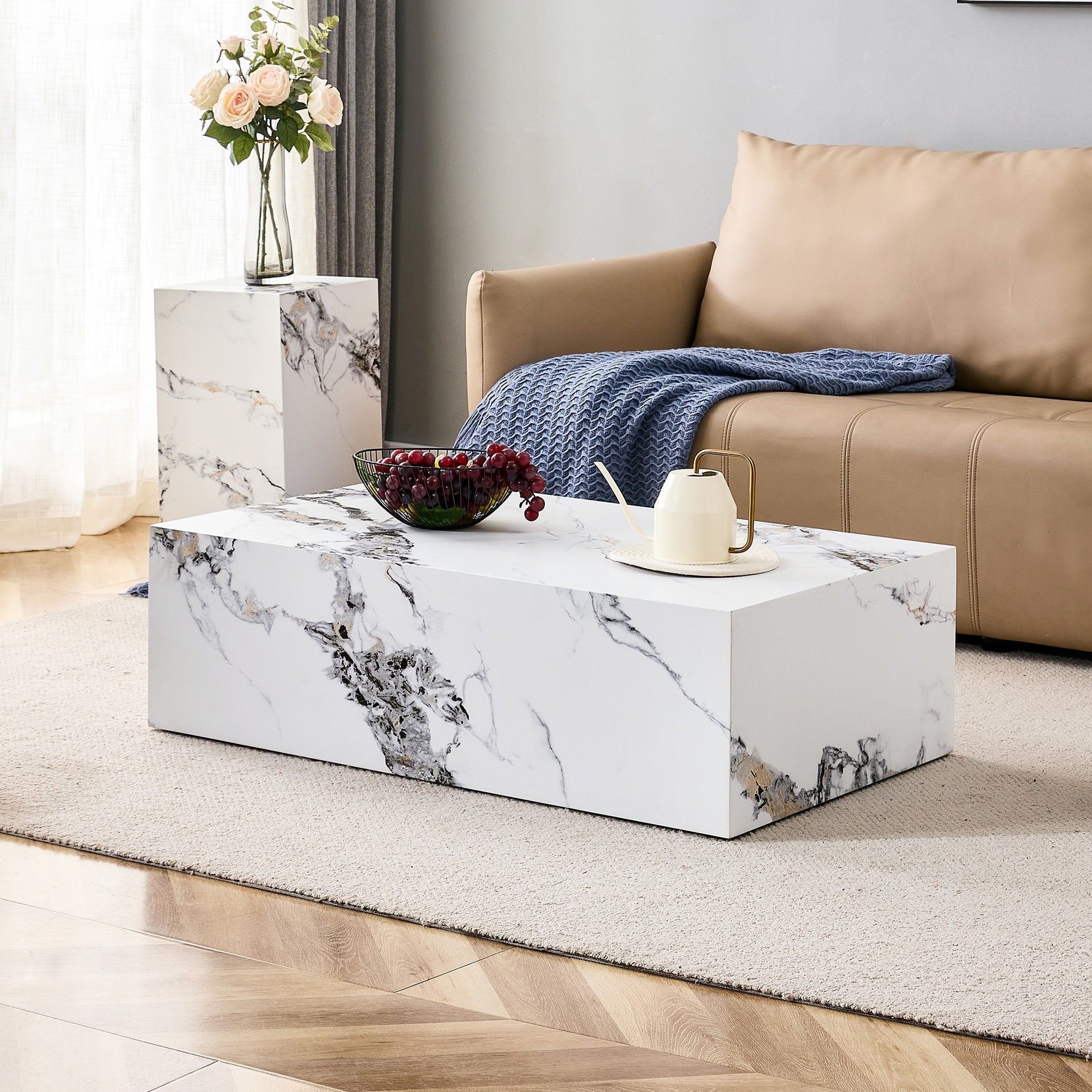 39.3*23.6*11.8 Inch White Marble Pattern MDF Coffee Table - Luxurious Design, Perfect Living Room Accent - Stylish and Durable Design. Suitable for various situations and scenes.W1151P194279
