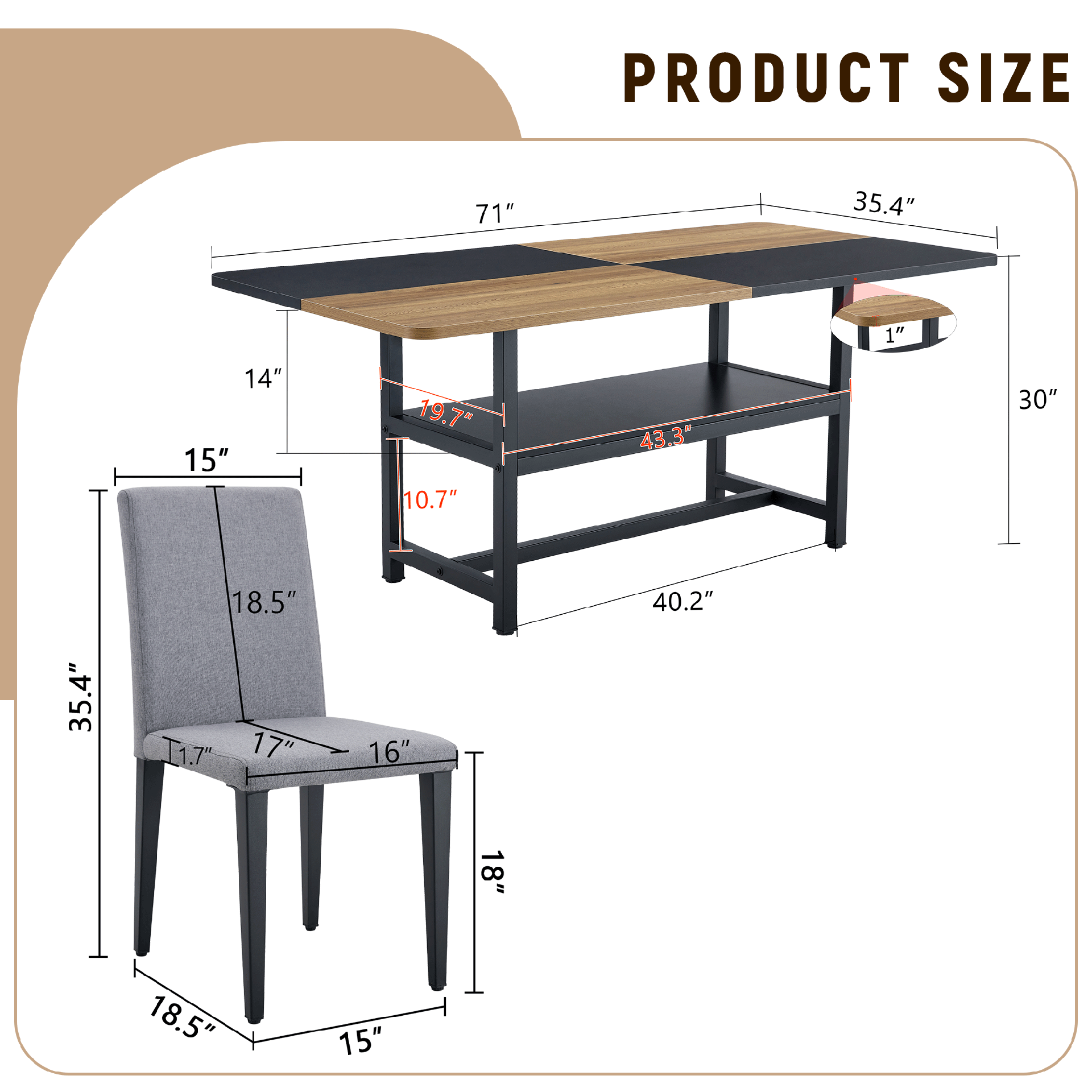 Table and chair set.71*35.4 inch Wooden And Black Spliced Dining Table With Storage Function In The Middle Of The Table Legs.Paired With 6 Light Gray Linen-Cotton Dining Chairs, Simple And Versatile.