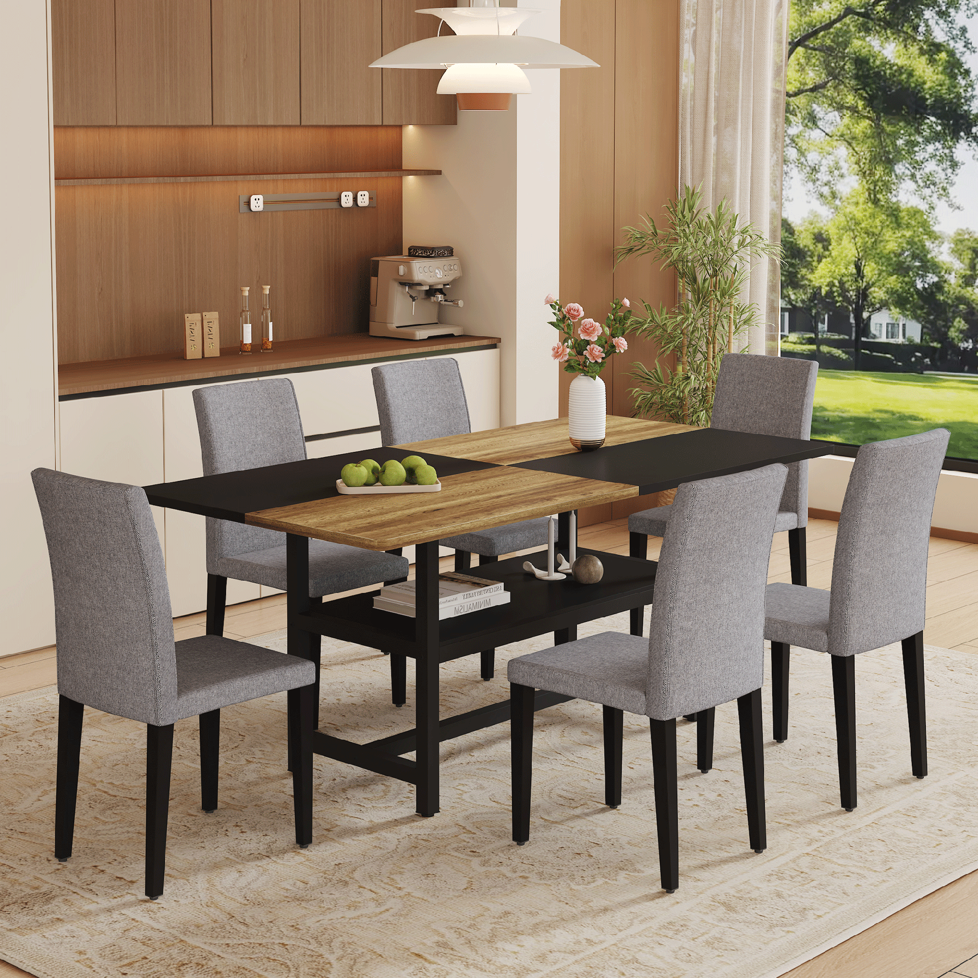 Table and chair set.71*35.4 inch Wooden And Black Spliced Dining Table With Storage Function In The Middle Of The Table Legs.Paired With 6 Light Gray Linen-Cotton Dining Chairs, Simple And Versatile.