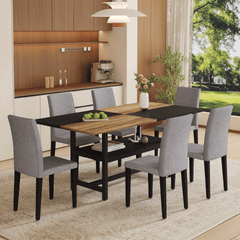 Table and chair set.71*35.4 inch Wooden And Black Spliced Dining Table With Storage Function In The Middle Of The Table Legs.Paired With 6 Light Gray Linen-Cotton Dining Chairs, Simple And Versatile.