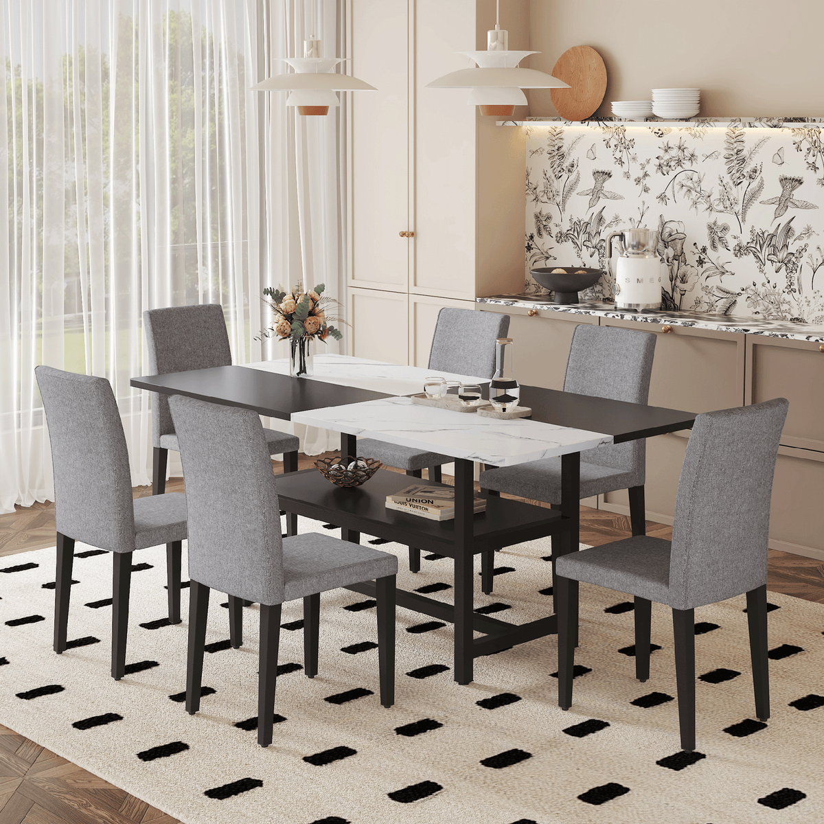 Table and chair set.71*35.4 inch White And Black Spliced Dining Table With Storage Function In The Middle Of The Table Legs.Paired With 6 Light Gray Linen-Cotton Dining Chairs, Simple And Versatile.