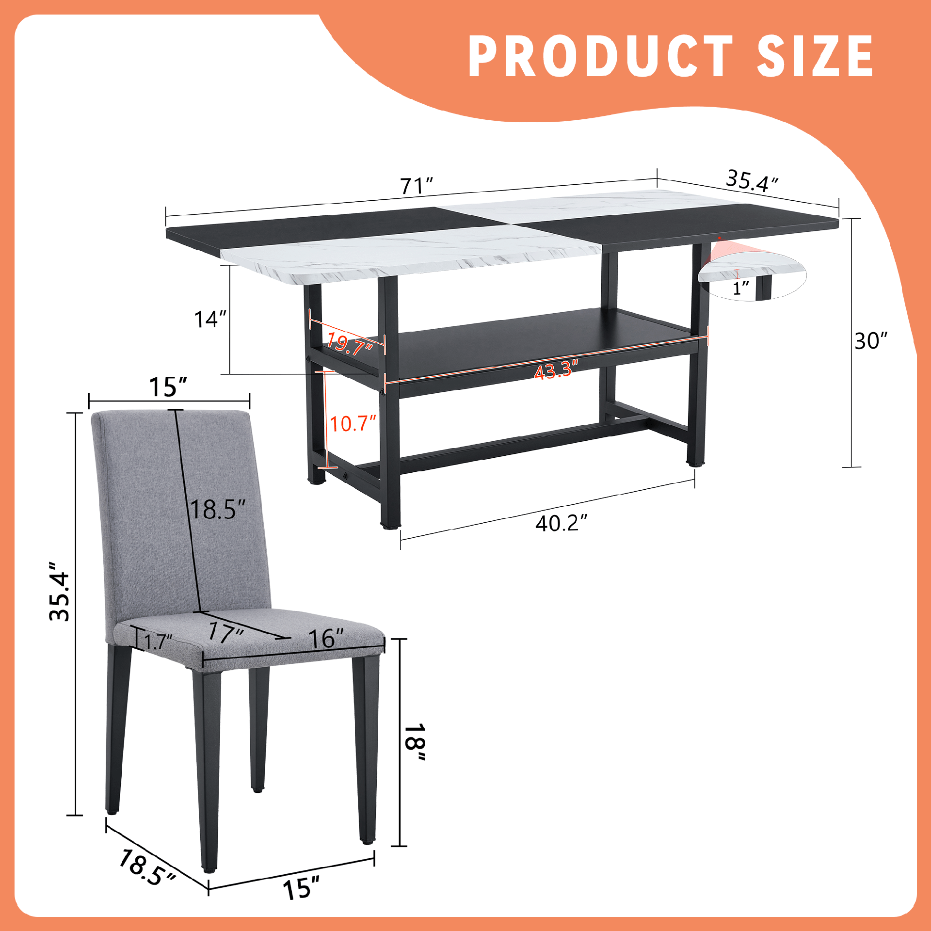Table and chair set.71*35.4 inch White And Black Spliced Dining Table With Storage Function In The Middle Of The Table Legs.Paired With 6 Light Gray Linen-Cotton Dining Chairs, Simple And Versatile.