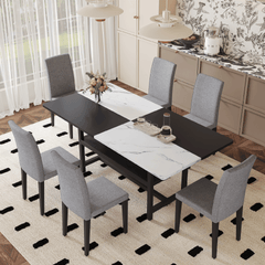 Table and chair set.71*35.4 inch White And Black Spliced Dining Table With Storage Function In The Middle Of The Table Legs.Paired With 6 Light Gray Linen-Cotton Dining Chairs, Simple And Versatile.