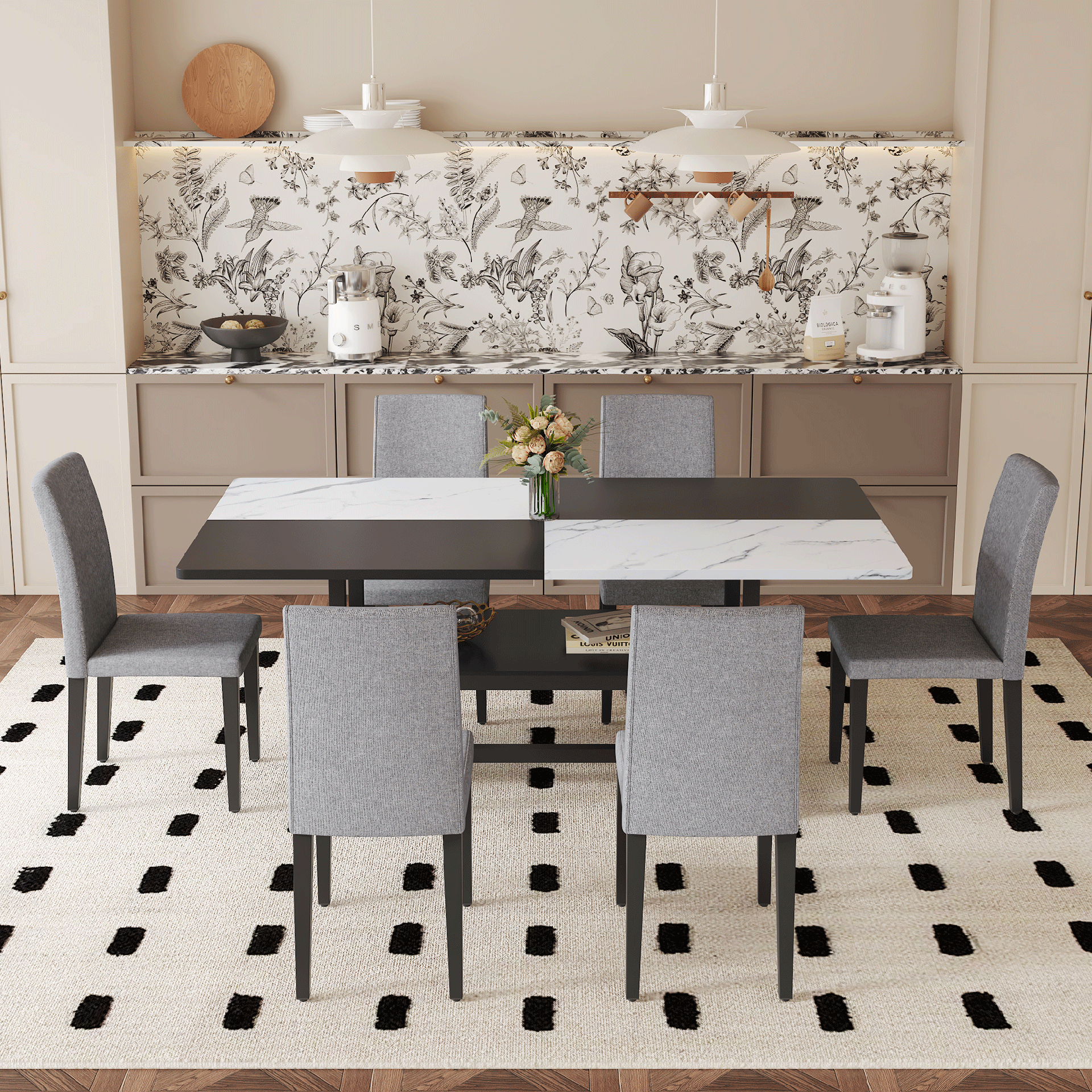 Table and chair set.71*35.4 inch White And Black Spliced Dining Table With Storage Function In The Middle Of The Table Legs.Paired With 6 Light Gray Linen-Cotton Dining Chairs, Simple And Versatile.