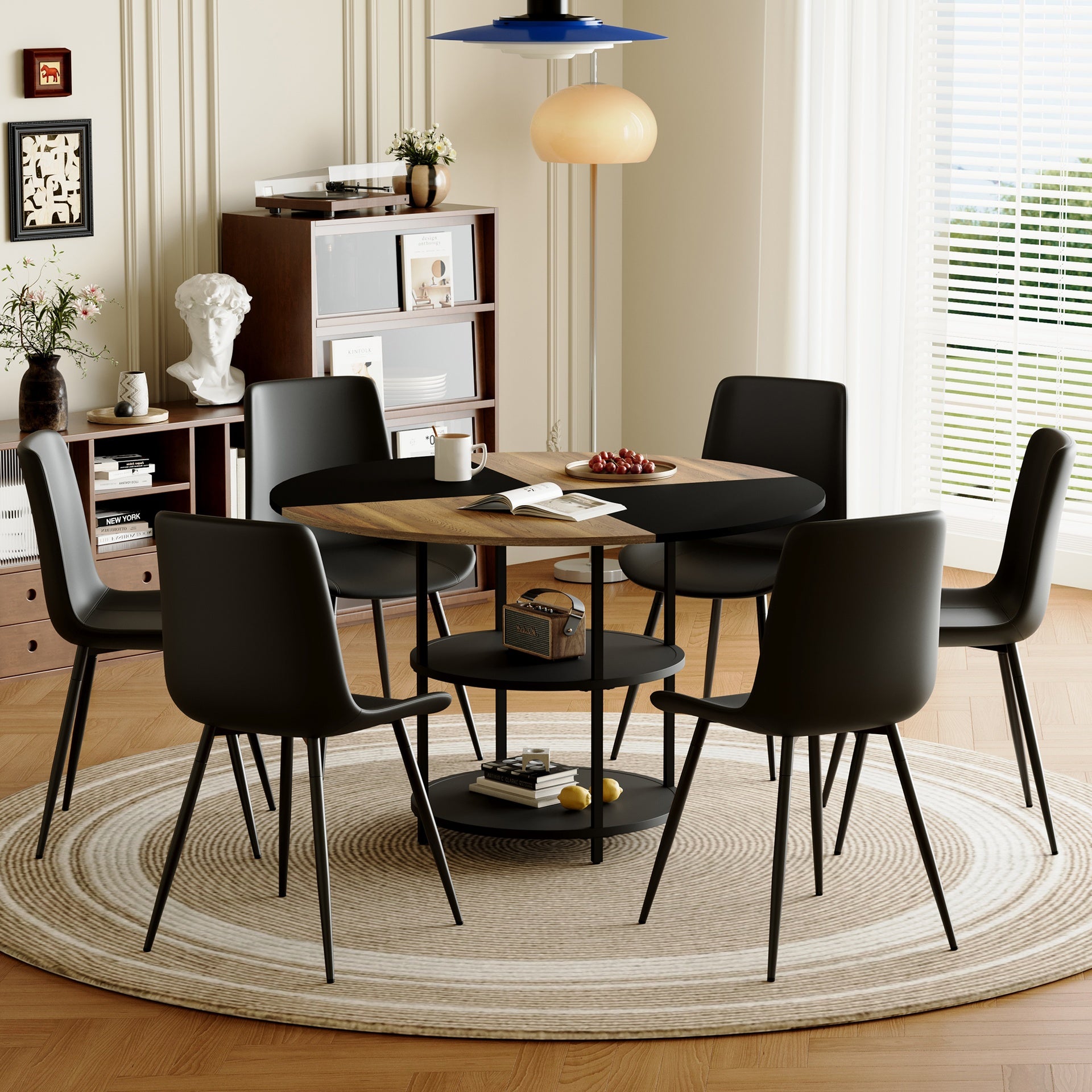 Table and chair set.A 47.3-inch diameter modern spliced color circular dining table - double-layer storage.Paired With 6 Black Artificial PU Chairs With Curved Widened Cushion Design.