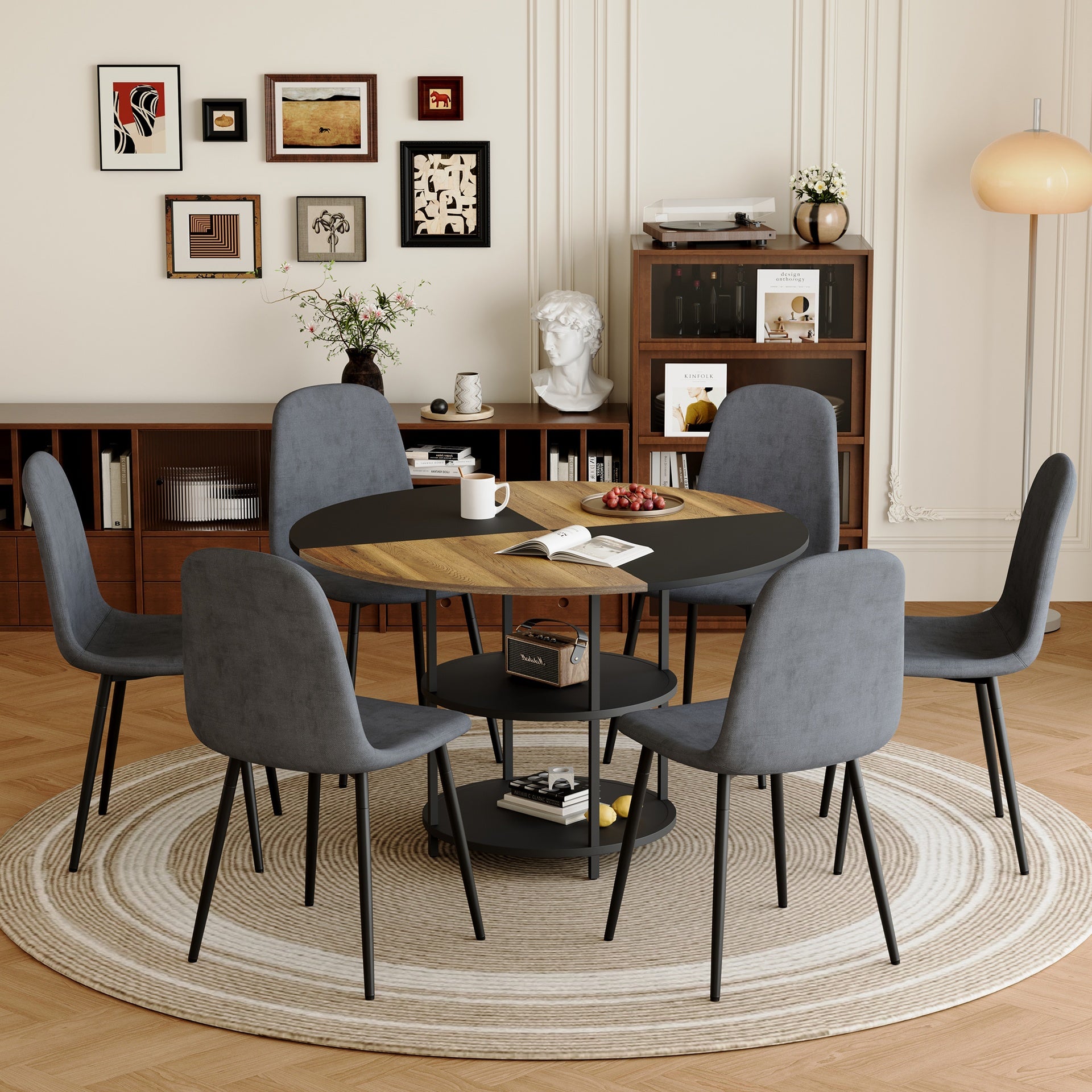 Table and chair set.A 47.3-inch diameter modern splicing circular dining table - double-layer storage.Paired With 6 Dark Gray Linen Fabric Chairs.Iron Pipe Spraying Chair Legs.W1151S03333