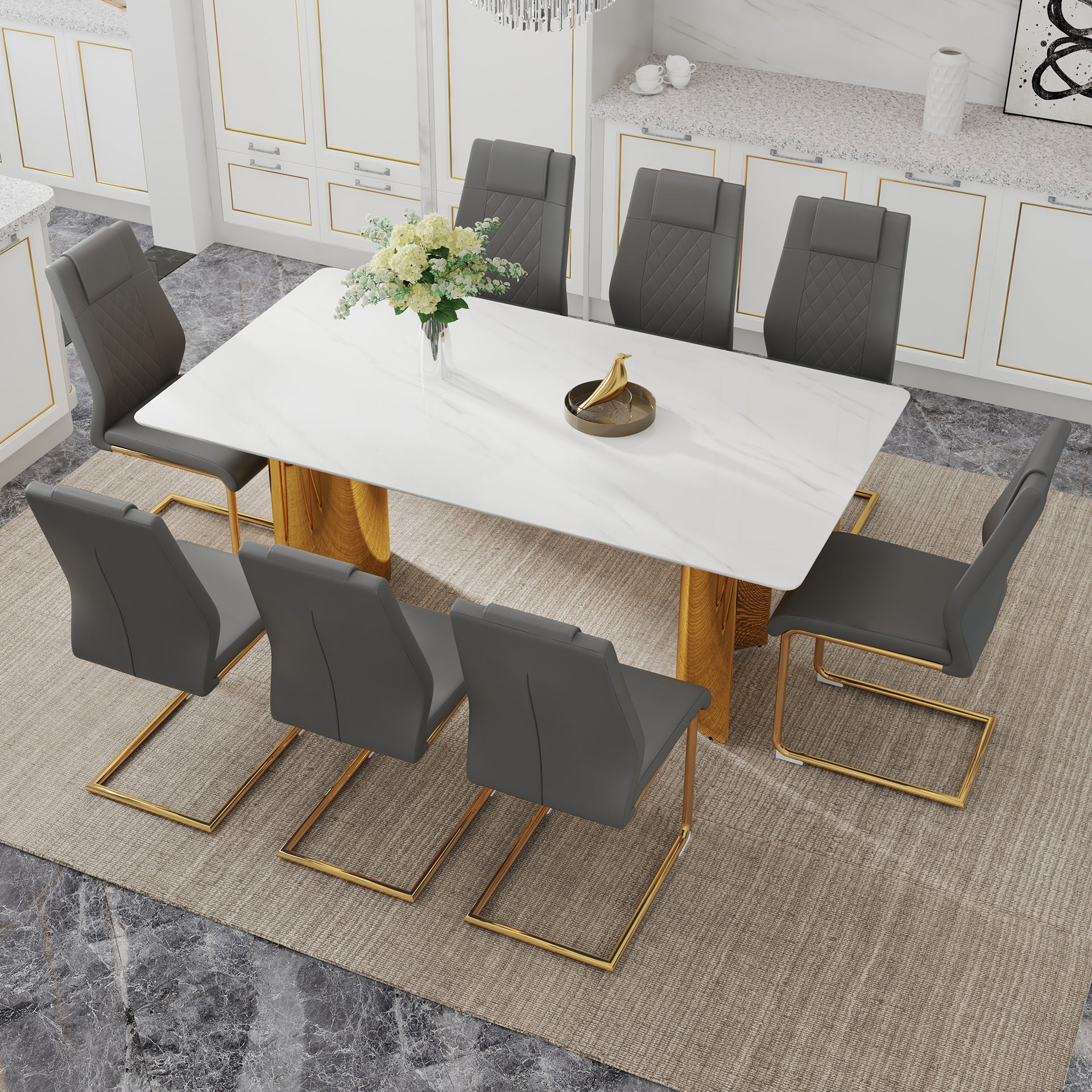Table and chair set.The table has a glass tabletop with imitation marble pattern sticker and stainless steel golden table legs.Paried with 8 comfortable chairs with PU seats and metal legs.W1151S01528