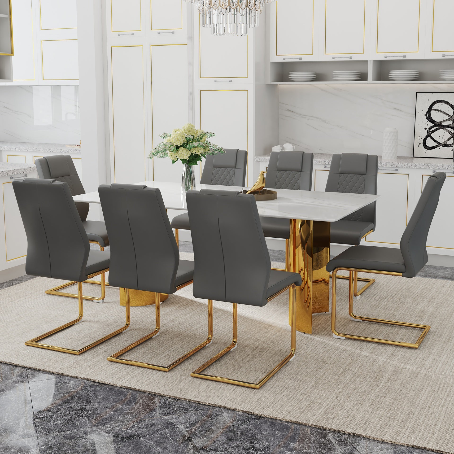 Table and chair set.The table has a glass tabletop with imitation marble pattern sticker and stainless steel golden table legs.Paried with 8 comfortable chairs with PU seats and metal legs.W1151S01528